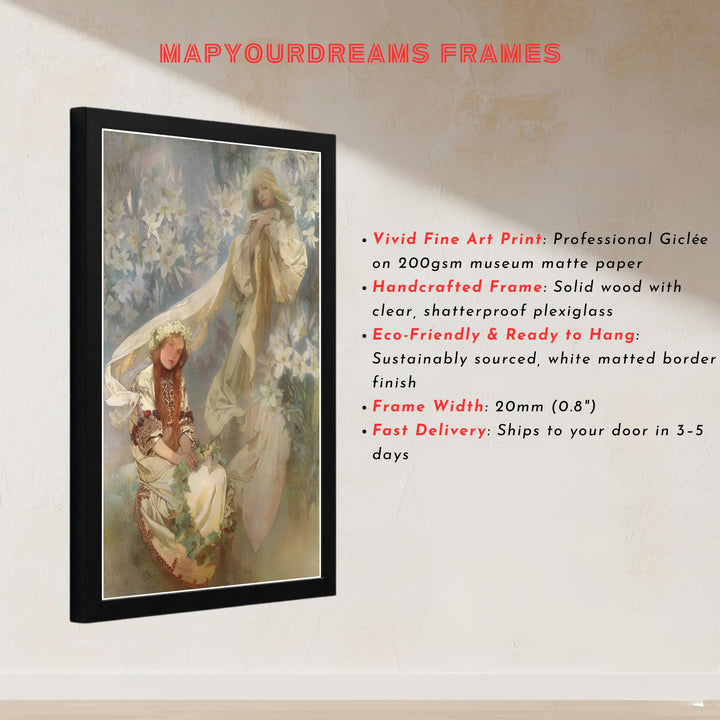European museum exhibition poster Madonna Of The Lilies by artist Alphonse Mucha featuring a 1905 master painting in Prague Bohemia. MapYourDreams presents quality framed, unframed, and canvas print options for home decor.