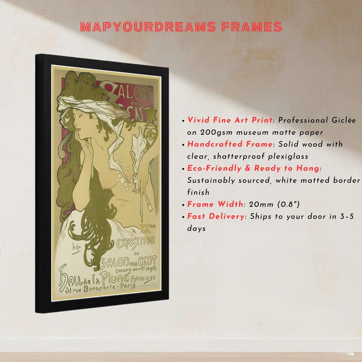 European museum exhibition print Salon Des Cent by artist Alphonse Mucha showing a 1896 graphic masterwork at 31 Rue Bonaparte Paris. MapYourDreams presents quality framed, unframed, and canvas print options for home decor.