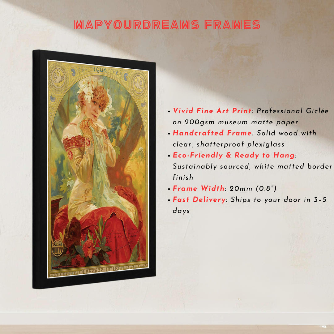 Masterpiece graphic poster print of Sarah Bernhardt in La Princesse Lointaine in Paris France by Alphonse Mucha, available as an unframed print, wrapped canvas, or custom framed decor from MapYourDreams.