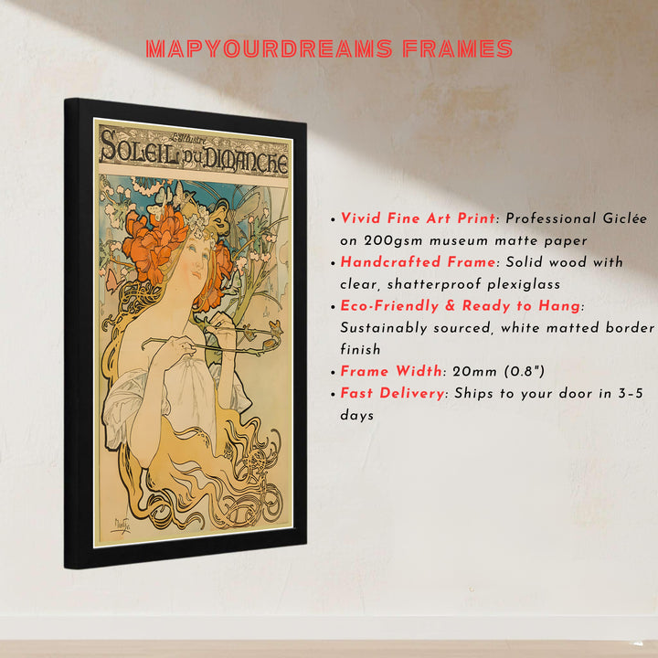 French museum exhibition poster Soleil Du Dimanche by artist Alphonse Mucha featuring an 1898 magazine cover lithograph in Paris. MapYourDreams presents quality framed, unframed, and canvas print options for home decor.