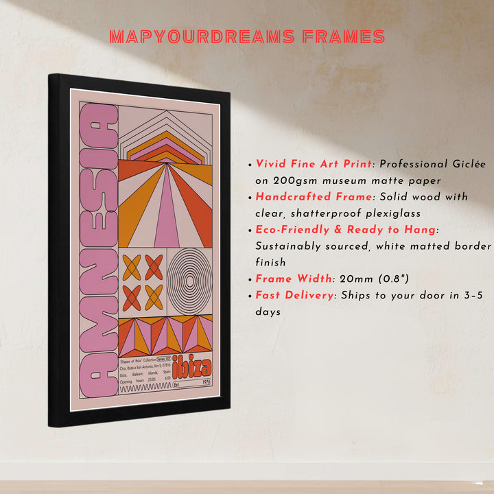 European nightclub illustration showcasing geometric shapes and retro bubble lettering for Amnesia Ibiza in Spain, presented by MapYourDreams with choices for unframed poster prints, museum wrapped canvas, or custom frame finishes in black, white, pure gold, and retro white.
