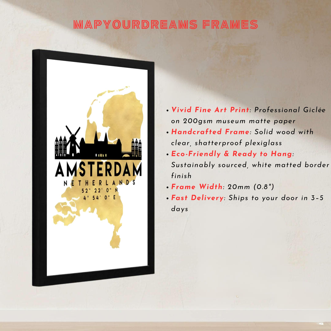 European silhouette map illustration showcasing a gold Netherlands background and black Amsterdam city landmarks, presented by MapYourDreams with options for unframed poster prints, museum wrapped canvas, or personalized custom frame finishes in natural wood, pure gold, and bronze.
