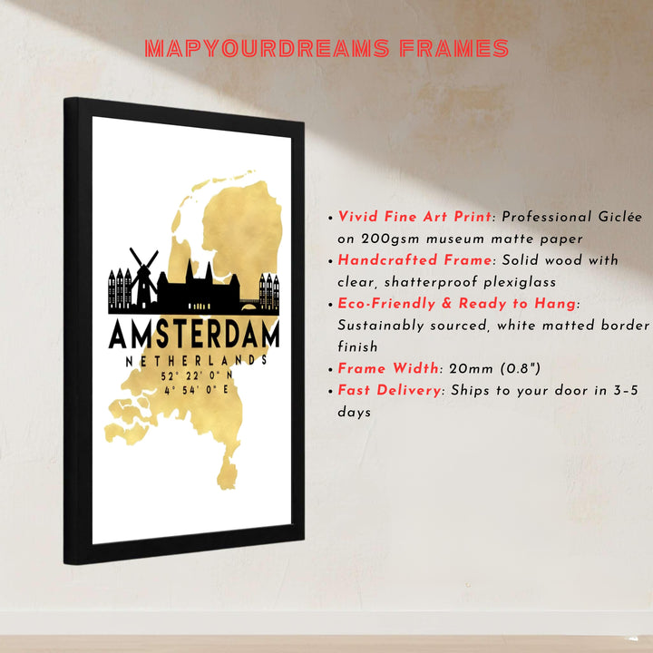 European silhouette map illustration showcasing a gold Netherlands background and black Amsterdam city landmarks, presented by MapYourDreams with options for unframed poster prints, museum wrapped canvas, or personalized custom frame finishes in natural wood, pure gold, and bronze.