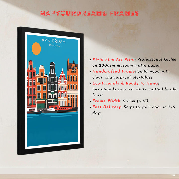 Sunny travel decor print of Amsterdam canal architecture rendered in bold flat vector style, produced by MapYourDreams and available in three distinct formats: fine art unframed paper, stretched canvas, or custom framed decor options for modern residential interiors.