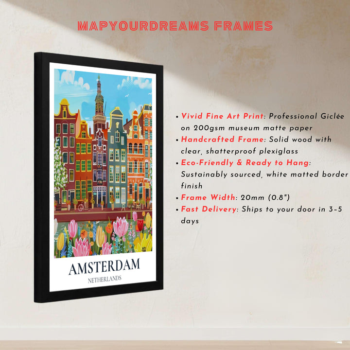 European floral illustration showcasing Amsterdam townhouses bordered by blooming spring tulips along the canal, presented by MapYourDreams with options for unframed poster prints, museum wrapped canvas, or custom frame finishes in black, white, pure gold, and silver.