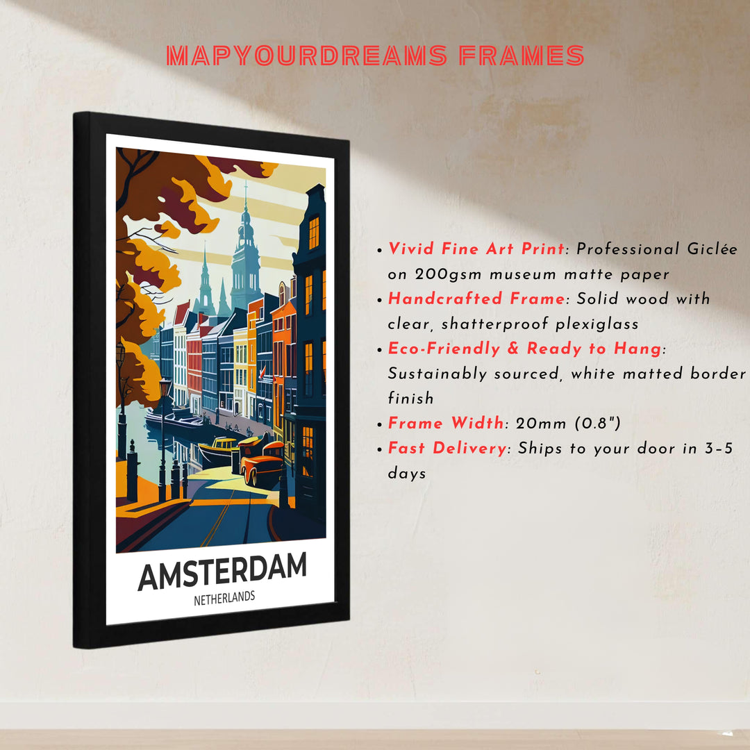 European architectural illustration showcasing Amsterdam canal houses bordered by golden autumn trees along the water, presented by MapYourDreams with choices for unframed poster prints, museum wrapped canvas, or custom frame finishes in black, white, pure gold, and retro white.