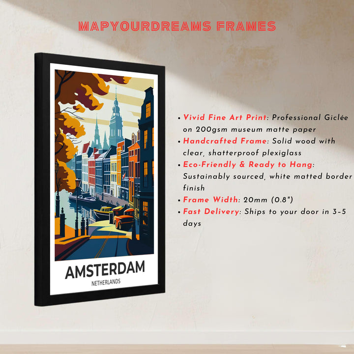European architectural illustration showcasing Amsterdam canal houses bordered by golden autumn trees along the water, presented by MapYourDreams with choices for unframed poster prints, museum wrapped canvas, or custom frame finishes in black, white, pure gold, and retro white.