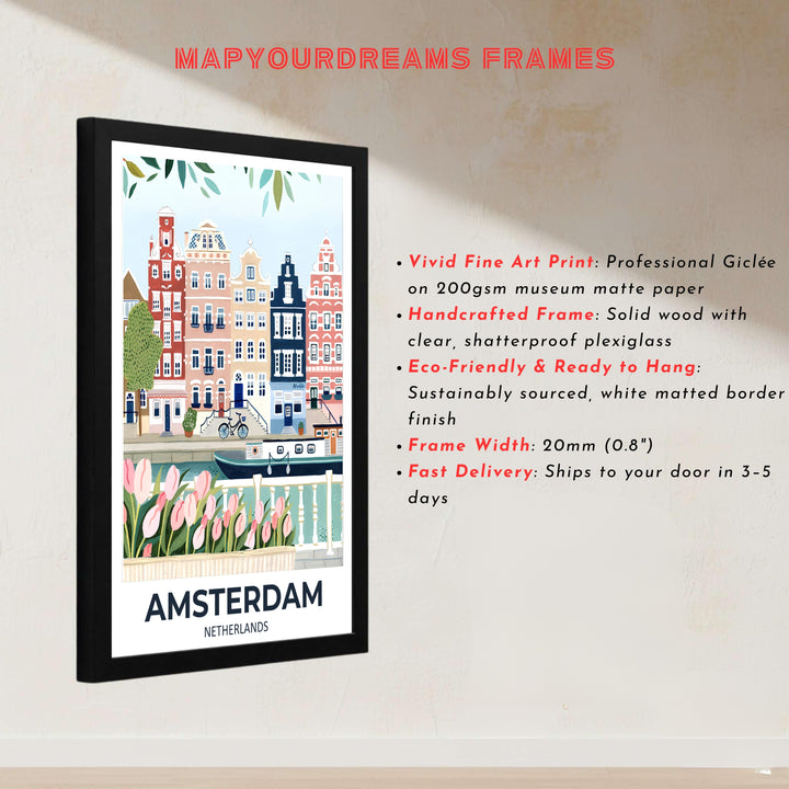 European floral illustration showcasing Amsterdam townhouses framed by soft pink tulips along the canal edge, presented by MapYourDreams with choices for unframed poster prints, museum wrapped canvas, or custom frame finishes in black, white, pure gold, and retro black.