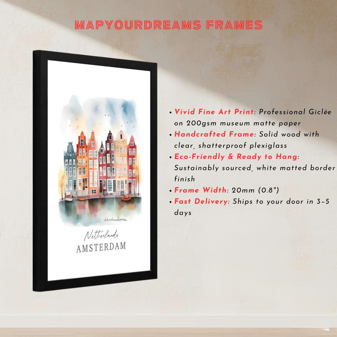 European architectural illustration showcasing Amsterdam townhouses depicted in soft watercolor tones, presented by MapYourDreams with choices for unframed poster prints, museum wrapped canvas, or custom frame finishes in black, white, pure gold, and retro black.