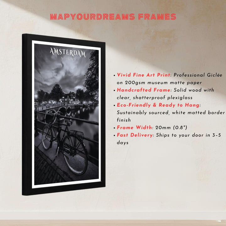 European urban photography illustration showcasing an Amsterdam canal bridge and bicycle captured in deep monochrome tones, presented by MapYourDreams with choices for unframed poster prints, museum wrapped canvas, or custom frame finishes in black, white, pure gold, and retro white.