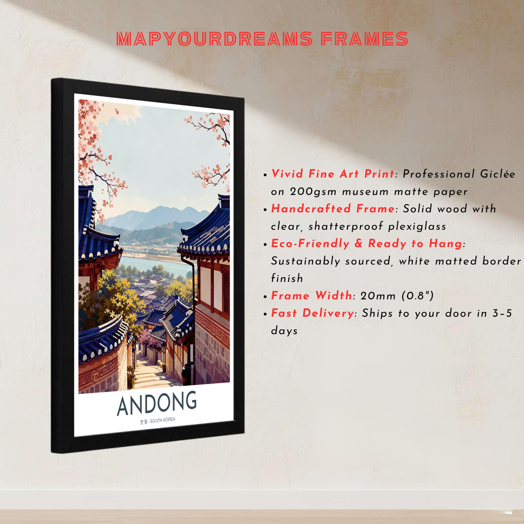 Architectural heritage print honoring Hahoe Folk Village in Andong, South Korea, featuring cobalt blue tile roofs, wooden beams, and soft mountain silhouettes. Offered by MapYourDreams, this artwork is available in flexible options including unframed paper, custom wooden frames, and gallery canvas wraps.