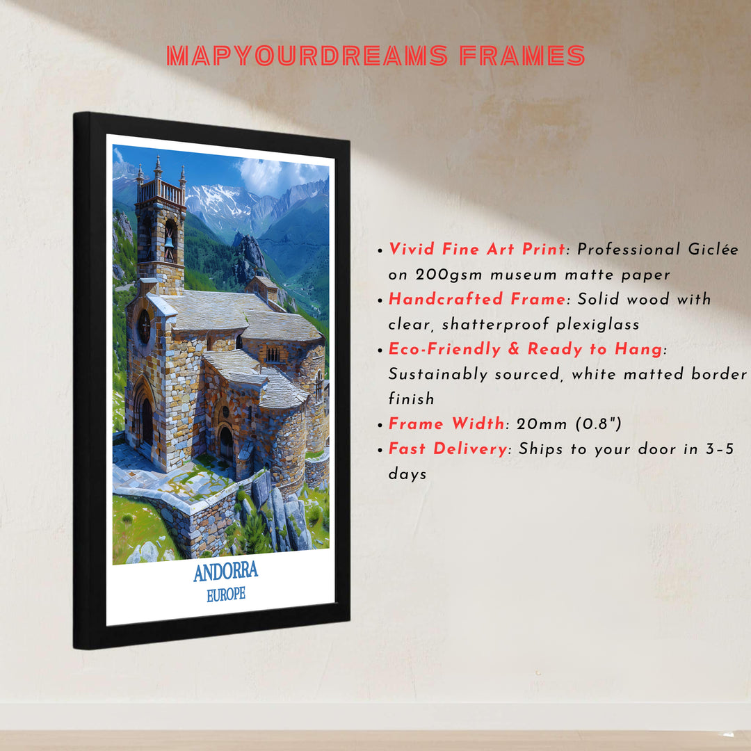 Historic European landmark architecture at Sant Joan de Caselles Church in Andorra decorates this wall art print piece. Buy long-lasting framed, unframed, and canvas poster options at MapYourDreams for decor.