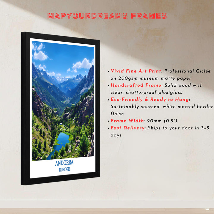 UNESCO World Heritage nature landscape artwork from the Valley of Madriu-Perafita-Claror in Andorra decorates this wall art print piece. Buy quality framed, unframed, and canvas poster options at MapYourDreams.
