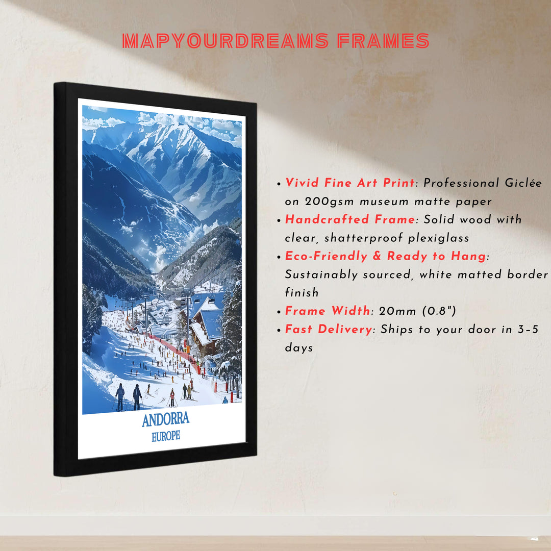 Famous Pyrenean ski destination views at Vallnord Ski Resort in Andorra decorate this wall art print piece. Buy long-lasting framed, unframed, and canvas poster options at MapYourDreams for decor.
