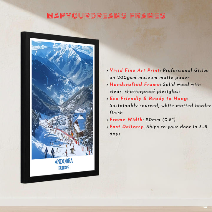 Famous Pyrenean ski destination views at Vallnord Ski Resort in Andorra decorate this wall art print piece. Buy long-lasting framed, unframed, and canvas poster options at MapYourDreams for decor.