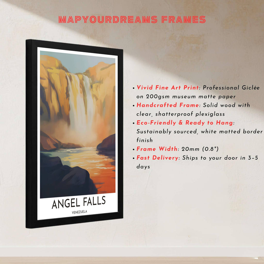 Painterly style travel illustration depicting the roaring cascade and misty river basin of Angel Falls under sunset skies. Handcrafted by MapYourDreams, customers can select from convenient options like unframed prints, ready-to-hang wooden frames, or gallery canvas wraps.