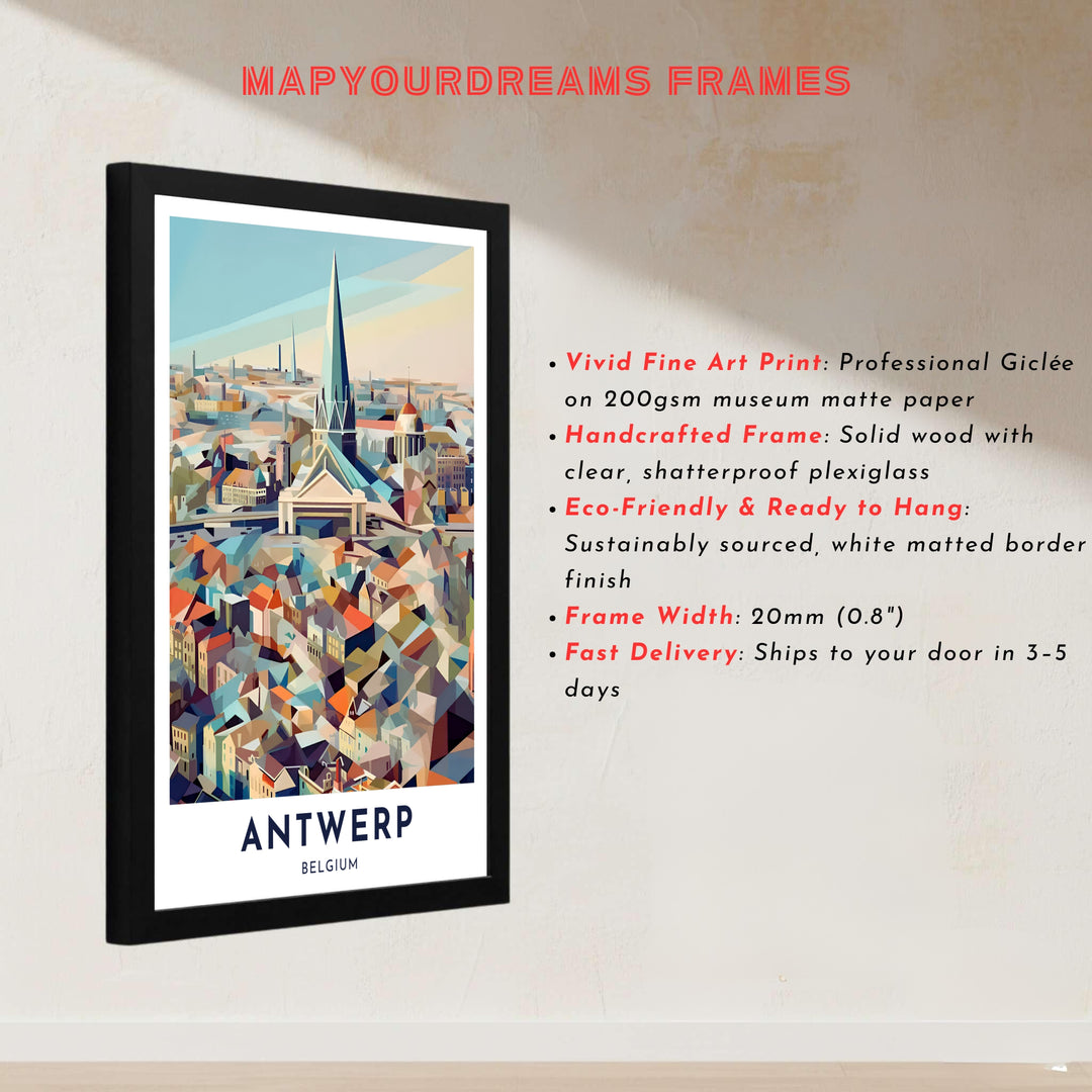 A colorful architectural art print capturing the urban density and cathedral landmark of Antwerp, Belgium, in a unique geometric mosaic style. Customers can order this artwork as an unframed poster print, a custom framed presentation, or a gallery-wrapped stretched canvas.
