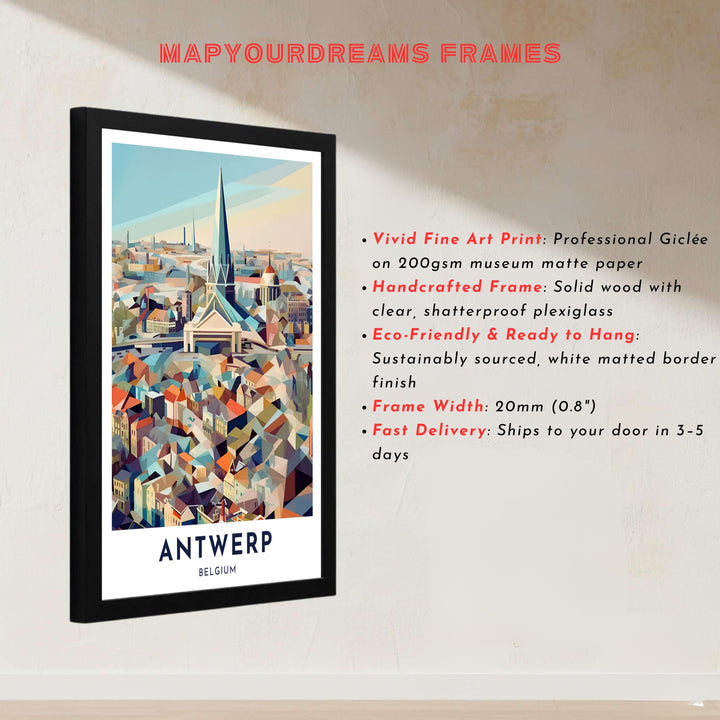A colorful architectural art print capturing the urban density and cathedral landmark of Antwerp, Belgium, in a unique geometric mosaic style. Customers can order this artwork as an unframed poster print, a custom framed presentation, or a gallery-wrapped stretched canvas.