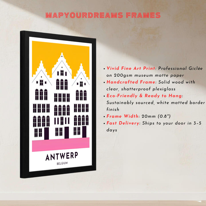 A colorful modern print highlighting the step-gabled townhouses and symmetrical window grids of Antwerp, Belgium. Offered by MapYourDreams, this artwork is available in flexible options including unframed paper, custom wooden frames, and gallery canvas wraps.