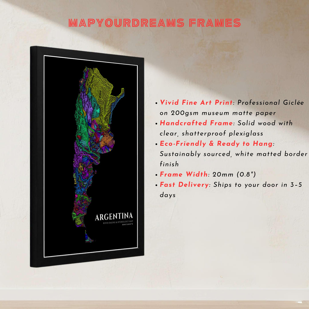 Eye-catching Argentina stream catchment artwork rendered in glowing lime, cyan, and magenta lines inside the country boundary. Handcrafted by MapYourDreams, customers can select from convenient options like unframed prints, ready-to-hang wooden frames, or gallery canvas wraps.