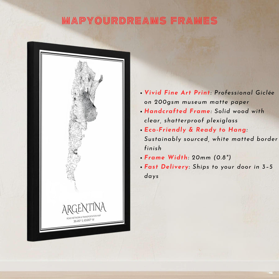 Architectural style Argentina road network print showcasing dense transit hubs and long-distance highways in monochrome detail. Designed by MapYourDreams to suit modern interiors, this art piece comes in versatile choices like unframed paper, solid wood frames, and gallery canvas formats.