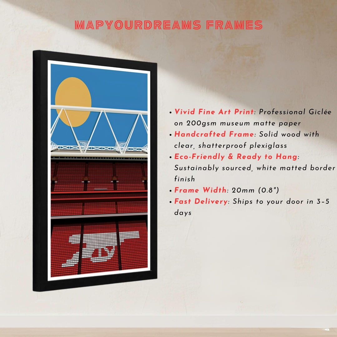 Stylized stadium graphic poster showcasing the red seating tiers of London&