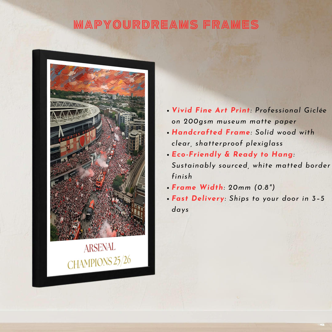Fine art sports wall decor poster capturing the vibrant red hues of Arsenal victory parade at Emirates Stadium, available as unframed prints, framed options, or canvas wall art for office gallery walls.