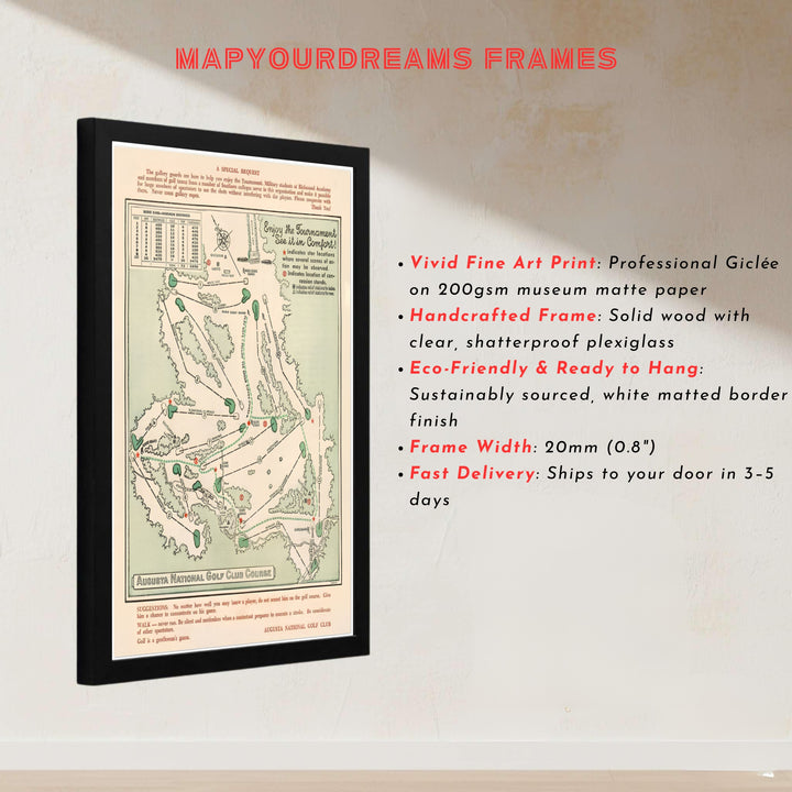 Elegant golf cartography print depicting the 1954 Augusta Georgia course layout for home office or library wall decor. Offered by MapYourDreams, this artwork is available in flexible options including unframed paper, custom wooden frames, and gallery canvas wraps for tailored home wall decor setups.