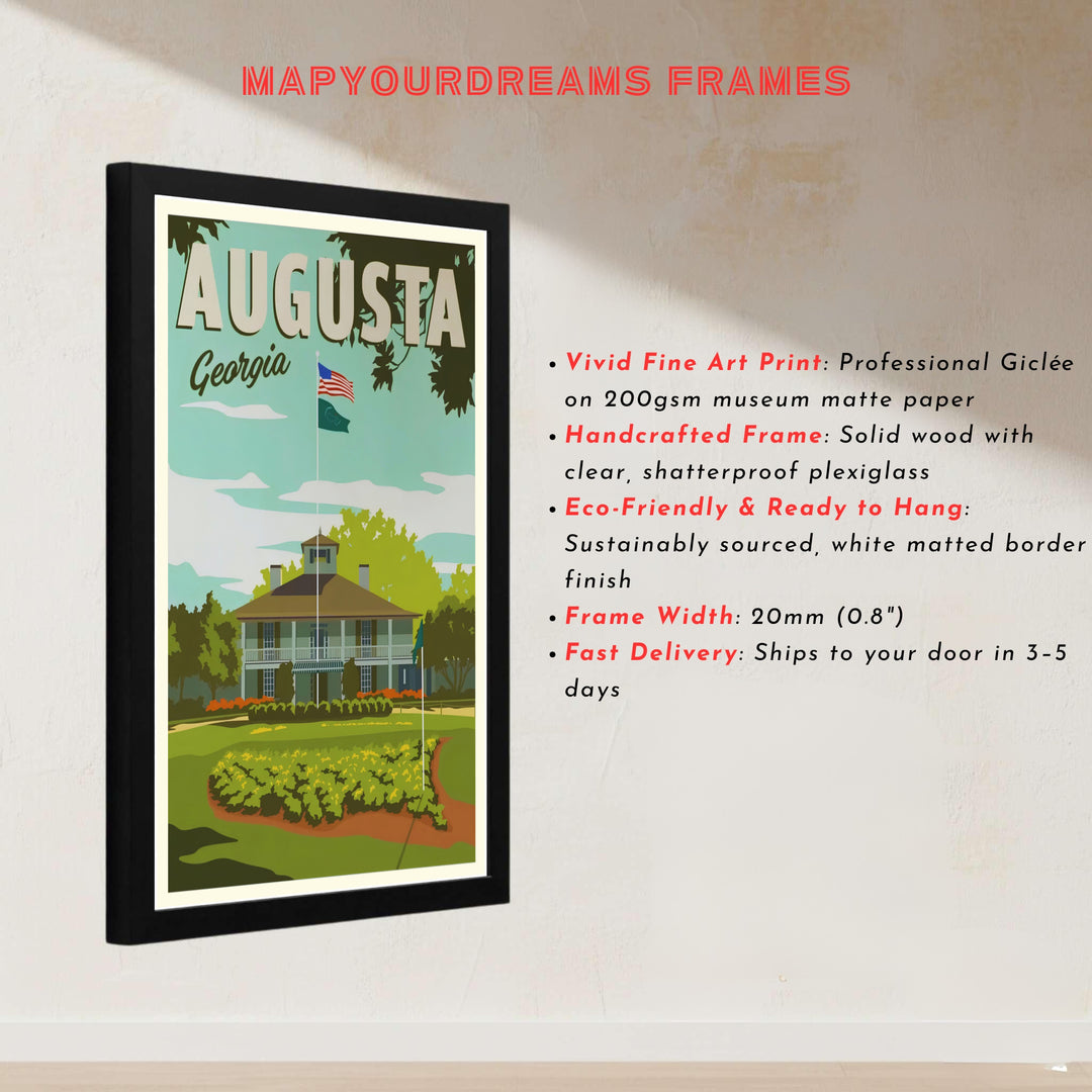 Retro style Augusta Georgia sports poster showing the white columned clubhouse veranda and high flagpole. Offered by MapYourDreams, this artwork is available in flexible options including unframed paper, custom wooden frames, and gallery canvas wraps for tailored home wall decor setups.