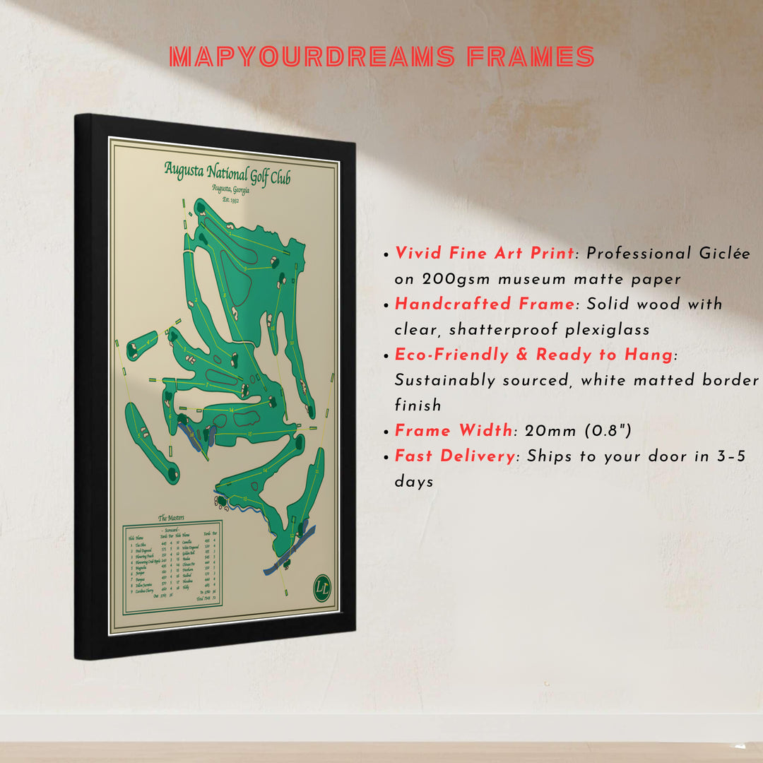 Overhead cartography print of Augusta Georgia golf course displaying green fairways and tan bunker details. Offered by MapYourDreams, this artwork is available in flexible options including unframed paper, custom wooden frames, and gallery canvas wraps for tailored home wall decor setups.
