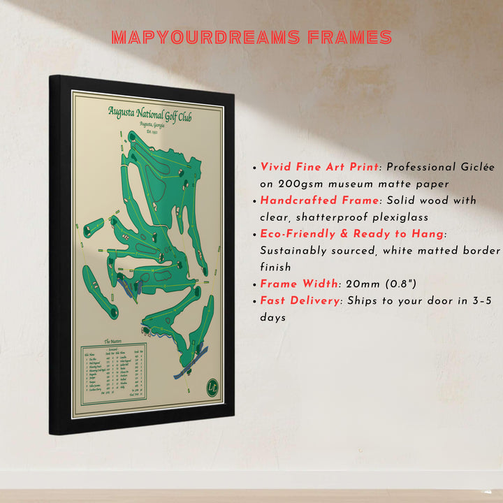 Overhead cartography print of Augusta Georgia golf course displaying green fairways and tan bunker details. Offered by MapYourDreams, this artwork is available in flexible options including unframed paper, custom wooden frames, and gallery canvas wraps for tailored home wall decor setups.