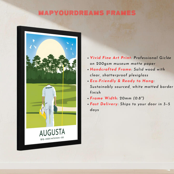 High-contrast golf wall art print featuring a white-clad caddie bowing on the lush green fairways of Augusta Georgia with Japanese kanji details. Offered by MapYourDreams, this artwork is available in flexible options including unframed paper, custom wooden frames, and gallery canvas wraps for tailored home wall decor setups.