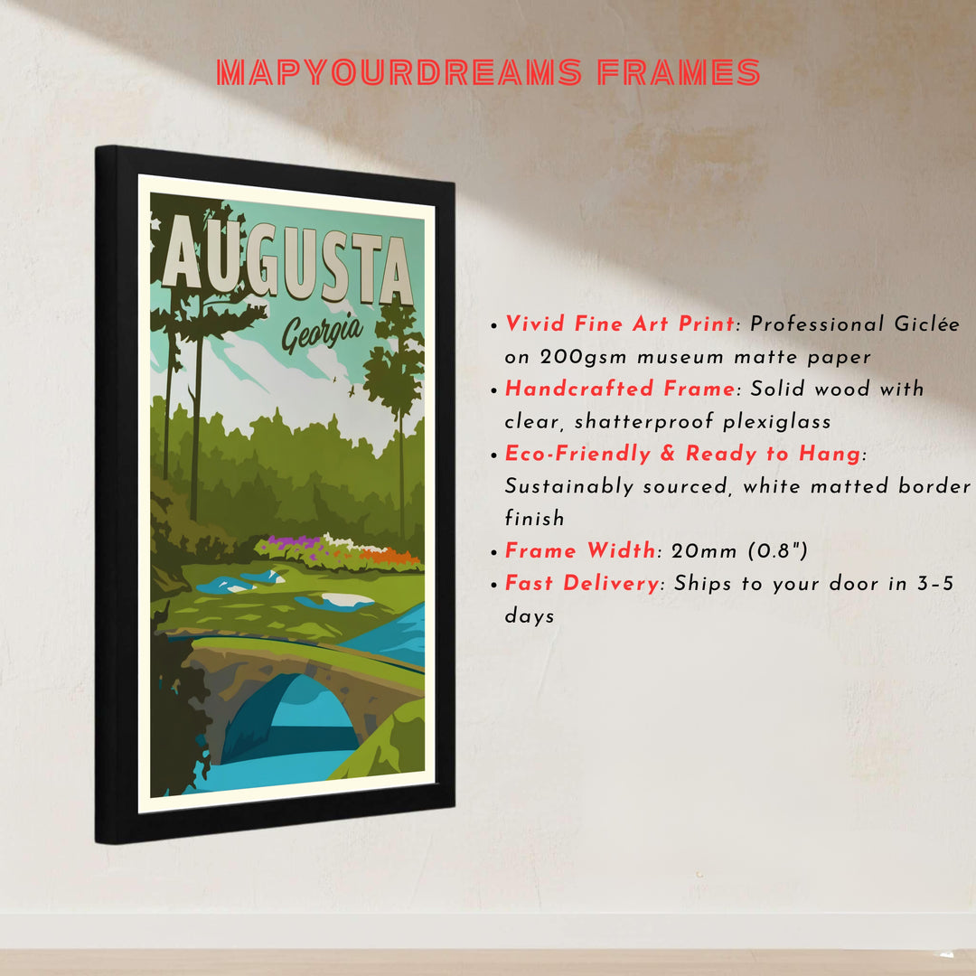 High-contrast golf wall art print featuring Hogan Bridge spanning turquoise creek waters toward the 12th hole green at Augusta Georgia. Offered by MapYourDreams, this artwork is available in flexible options including unframed paper, custom wooden frames, and gallery canvas wraps for tailored home wall decor setups.