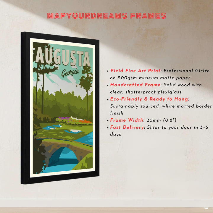 High-contrast golf wall art print featuring Hogan Bridge spanning turquoise creek waters toward the 12th hole green at Augusta Georgia. Offered by MapYourDreams, this artwork is available in flexible options including unframed paper, custom wooden frames, and gallery canvas wraps for tailored home wall decor setups.