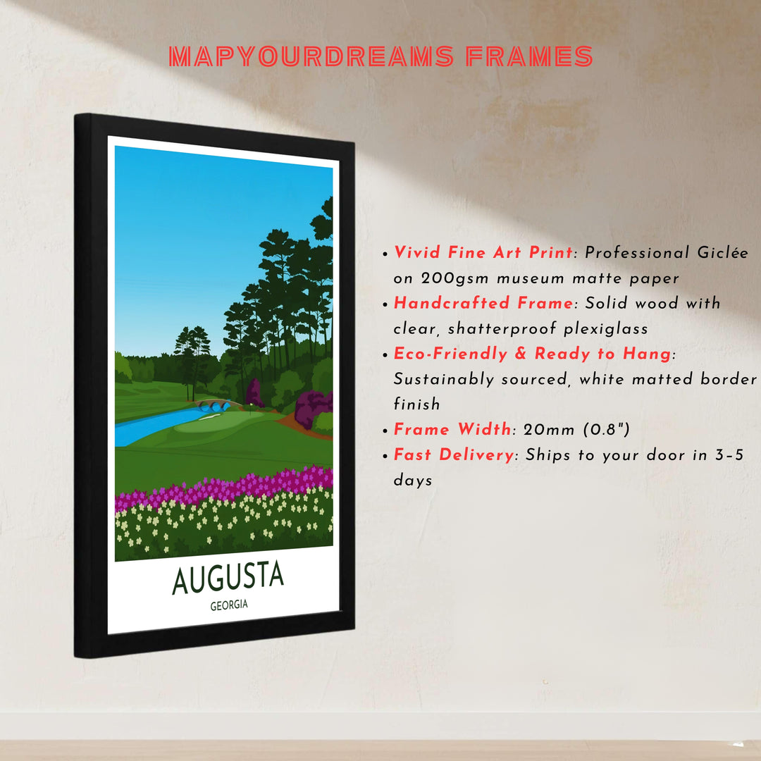 Illustrative sports vector poster of Augusta Georgia honoring the famous 12th hole at Amen Corner with clean white border typography and modern minimalism. Offered by MapYourDreams, this artwork is available in flexible options including unframed paper, custom wooden frames, and gallery canvas wraps for tailored home wall decor setups.
