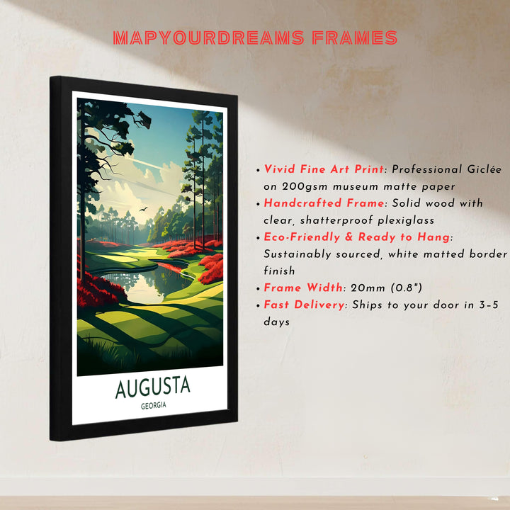 Richly detailed golf wall art print displaying soft golden sunlight, dark pine shadows, and bright crimson flora along Hole 13 in Augusta Georgia. Offered by MapYourDreams, this artwork is available in flexible options including unframed paper, custom wooden frames, and gallery canvas wraps for tailored home wall decor setups.