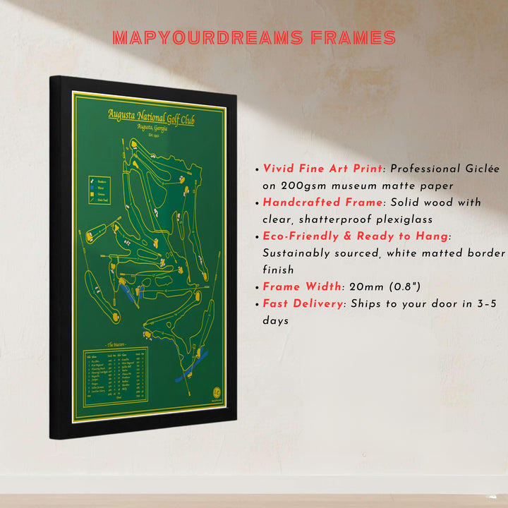 High-resolution golf map wall art print displaying the full course map of Augusta Georgia in rich championship green and warm gold typography. Offered by MapYourDreams, this artwork is available in flexible options including unframed paper, custom wooden frames, and gallery canvas wraps for tailored home wall decor setups.