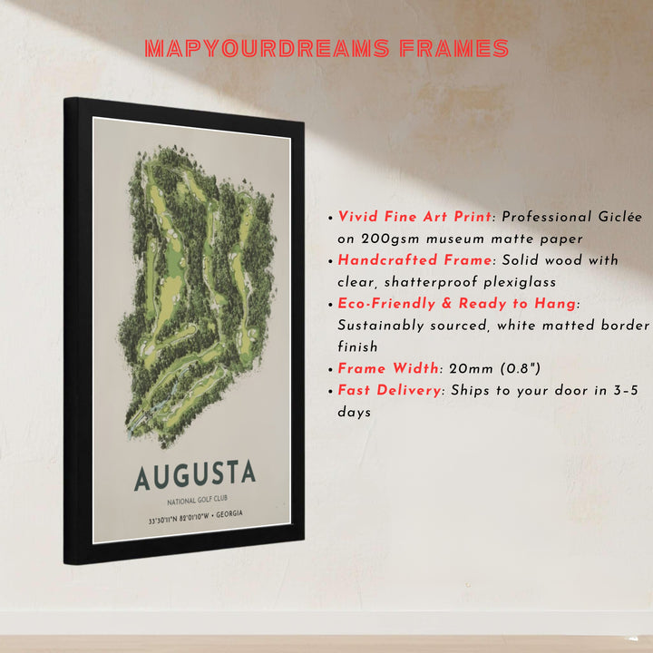 High-resolution overhead golf print displaying the natural contours and lush tree canopy of Augusta Georgia with elegant geographic location coordinates. Offered by MapYourDreams, this artwork is available in flexible options including unframed paper, custom wooden frames, and gallery canvas wraps for tailored home wall decor setups.