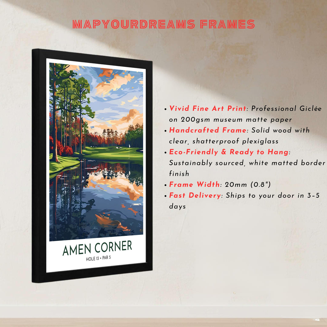 High-contrast vector golf wall art print displaying tall southern pines, red azalea blooms, and reflective water near the Hole 13 green in Augusta Georgia. Offered by MapYourDreams, this artwork is available in flexible options including unframed paper, custom wooden frames, and gallery canvas wraps for tailored home wall decor setups.