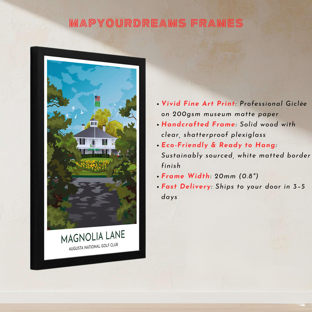 High-contrast vector golf wall art print displaying tall southern magnolia trees, white architectural cupola, and sunny sky in Augusta Georgia. Offered by MapYourDreams, this artwork is available in flexible options including unframed paper, custom wooden frames, and gallery canvas wraps for tailored home wall decor setups.
