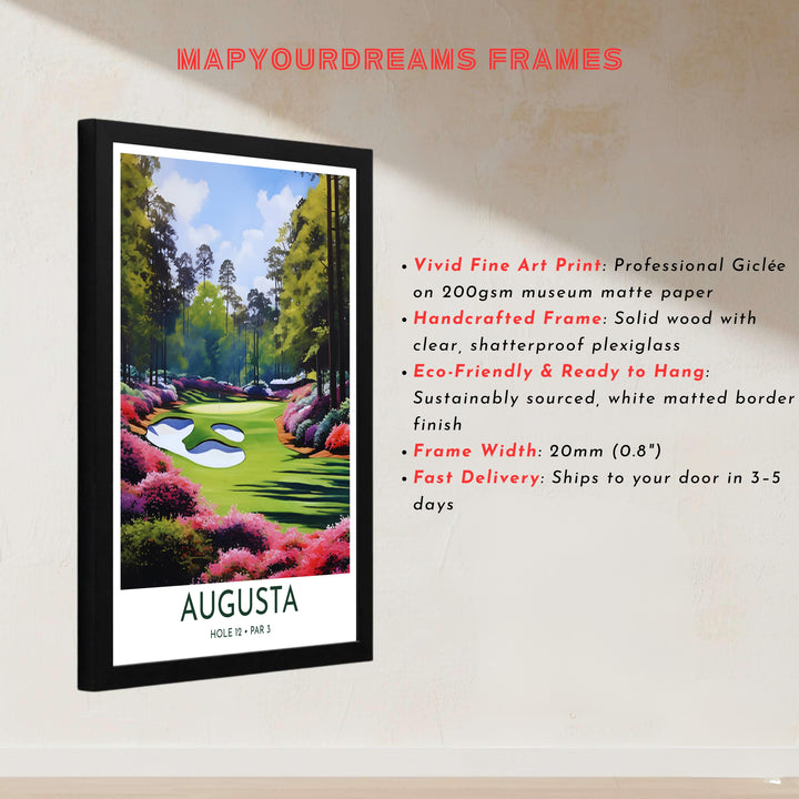 High-contrast fine art golf wall print displaying tall Georgia pines, blooming floral banks, and sunny skies on Hole 12 in Augusta Georgia. Offered by MapYourDreams, this artwork is available in flexible options including unframed paper, custom wooden frames, and gallery canvas wraps for tailored home wall decor setups.