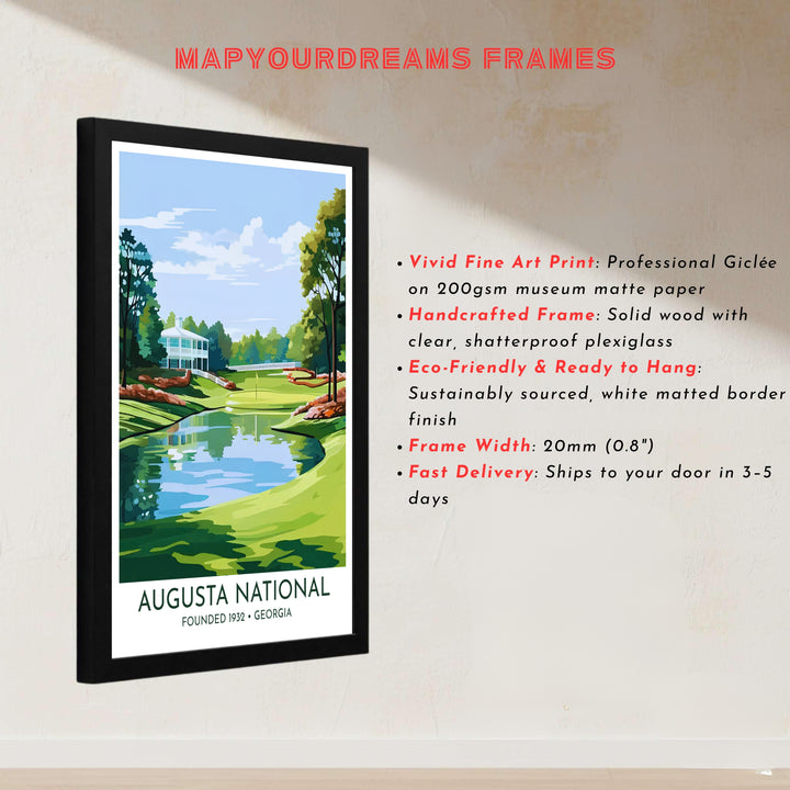 Retro travel poster design honoring Augusta National Golf Club with bold sans-serif typography, clean white border, and vivid landscape colors. Offered by MapYourDreams, this artwork is available in flexible options including unframed paper, custom wooden frames, and gallery canvas wraps.