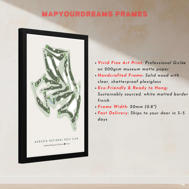 Minimalist sports decor print honoring Augusta National Golf Club in Georgia with elegant layout proportions, soft mint green greens, and forest fairway tones. Offered by MapYourDreams, this artwork is available in flexible options including unframed paper, custom wooden frames, and gallery canvas wraps.