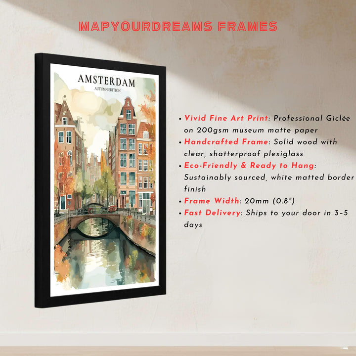 Architectural watercolor illustration showcasing an Amsterdam canal bridge draped in vibrant autumn foliage, presented by MapYourDreams with choices for unframed poster prints, museum canvas, or custom frame finishes in black, white, pure gold, and retro white.