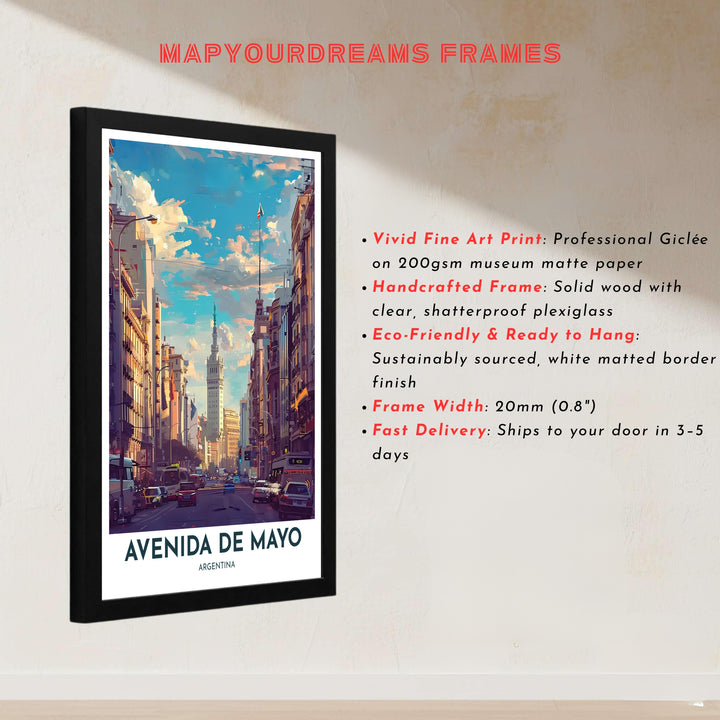 Artistic view of Palacio Barolo along Avenida de Mayo in Buenos Aires captured in warm golden sunlight and soft sky blue tones. Offered by MapYourDreams, you can order this design on fine art paper, mounted in a sleek wooden frame, or printed on canvas.