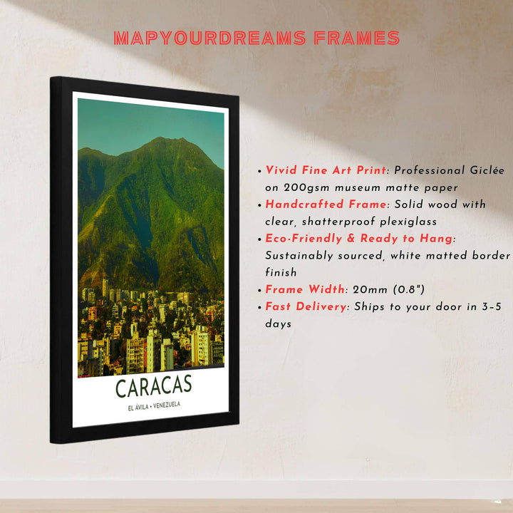 Painterly style urban illustration depicting the sunlit valley buildings and deep green mountain ravines of Caracas. Handcrafted by MapYourDreams, customers can select from convenient options like unframed prints, ready-to-hang wooden frames, or gallery canvas wraps.