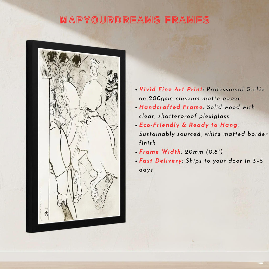 Antique European portrait poster of Babylone D’Allemagne (1894), Henri de Toulouse-Lautrec showcasing horsemen riding through Berlin, Germany. Explore ready-to-hang framed wall art, unframed paper prints, and gallery canvas decor available directly from MapYourDreams for interior styling.
