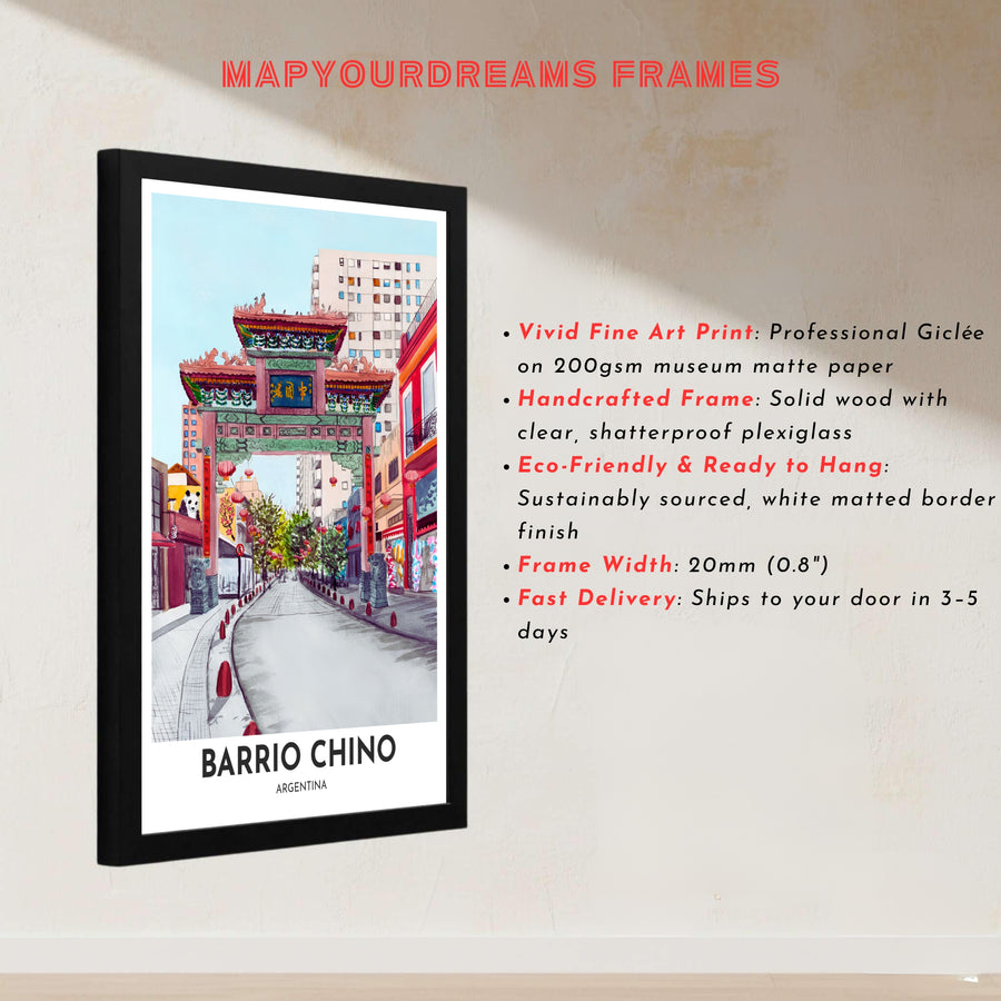 Cultural landmark watercolor wall art print capturing the vivid gateway to Barrio Chino under a bright sky in South America. Designed by MapYourDreams to suit modern interiors, this piece comes in versatile choices like unframed paper, solid wood frames, and gallery canvas formats.