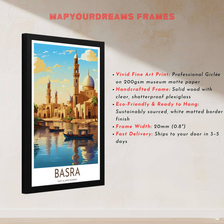 Vintage riverboat art print of Basra Iraq with sandstone mosque domes and minarets under warm evening clouds. Built by MapYourDreams, this artwork is available in flexible options including unframed paper, custom wooden frames, and gallery canvas wraps for modern apartment decor.
