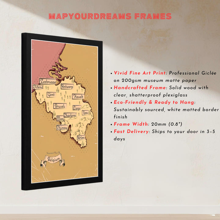 A sepia-toned wall art print highlighting the historic regions and towns of Belgium in traditional hand-drawn cartographic style. Offered by MapYourDreams, this artwork is available in flexible options including unframed paper, custom wooden frames, and gallery canvas wraps.